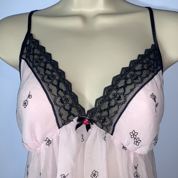 Apt. 9 babydoll nightie slip dress teddy cami baby pink black lace floral size L - Picture 3 of 9